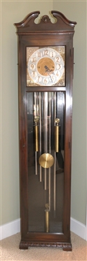 Colonial Manufacturing Co. Michigan - Tall Case / Grandfather Clock - German Movement- Chiming - with Visible Chimes - Gold and White Embossed Dial with Brass Cherubs Ormolu on Corners - Case with...