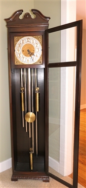 Colonial Manufacturing Co. Michigan - Tall Case / Grandfather Clock - German Movement- Chiming - with Visible Chimes - Gold and White Embossed Dial with Brass Cherubs Ormolu on Corners - Case with...