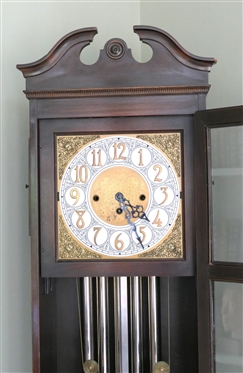 Colonial Manufacturing Co. Michigan - Tall Case / Grandfather Clock - German Movement- Chiming - with Visible Chimes - Gold and White Embossed Dial with Brass Cherubs Ormolu on Corners - Case with...