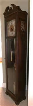 Colonial Manufacturing Co. Michigan - Tall Case / Grandfather Clock - German Movement- Chiming - with Visible Chimes - Gold and White Embossed Dial with Brass Cherubs Ormolu on Corners - Case with...