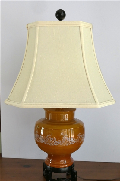 Ceramic Table Lamp with Wood Base - Burnt Orange Body with White Floral Band - Lamp is 13 1/2" Tall 