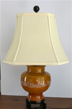 Ceramic Table Lamp with Wood Base - Burnt Orange Body with White Floral Band - Lamp is 13 1/2" Tall 