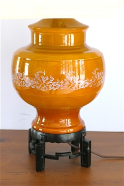 Ceramic Table Lamp with Wood Base - Burnt Orange Body with White Floral Band - Lamp is 13 1/2 Tall 