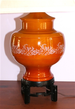 Ceramic Table Lamp with Wood Base - Burnt Orange Body with White Floral Band - Lamp is 13 1/2 Tall 
