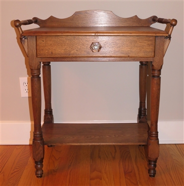 Nice  Oak Wash Table Stand with Towel Bar Ends -Drawer with Glass Pull  - Table is 32" Tall 28 1/2" by 16" including Back Splash and Towel Bars