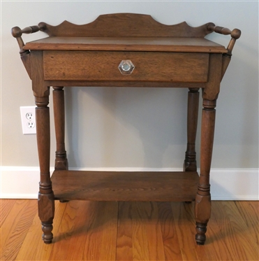 Nice  Oak Wash Table Stand with Towel Bar Ends -Drawer with Glass Pull  - Table is 32 Tall 28 1/2 by 16 including Back Splash and Towel Bars