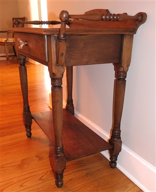 Nice  Oak Wash Table Stand with Towel Bar Ends -Drawer with Glass Pull  - Table is 32 Tall 28 1/2 by 16 including Back Splash and Towel Bars