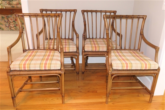 Set of 4 Nice Wicker Rattan Dining Chairs with Arms (Captain''s Chairs) Rattan Frame - Wicker Seat with Nice Clean Plaid Removable Cushion - Chairs Are 37 Tall 20 By 18 
