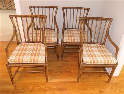 Set of 4 Nice Wicker Rattan Dining Chairs with Arms (Captain''s Chairs) Rattan Frame - Wicker Seat with Nice Clean Plaid Removable Cushion - Chairs Are 37 Tall 20 By 18 
