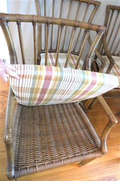 Set of 4 Nice Wicker Rattan Dining Chairs with Arms (Captain''s Chairs) Rattan Frame - Wicker Seat with Nice Clean Plaid Removable Cushion - Chairs Are 37 Tall 20 By 18 
