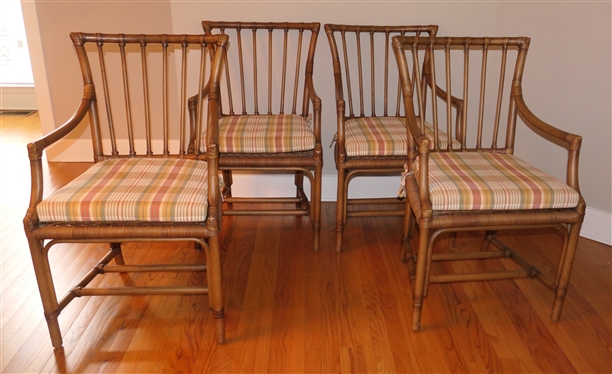 Set of 4 Nice Wicker Rattan Dining Chairs with Arms (Captains Chairs) Rattan Frame - Wicker Seat with Nice Clean Plaid Removable Cushion - Chairs Are 37" Tall 20" By 18" 