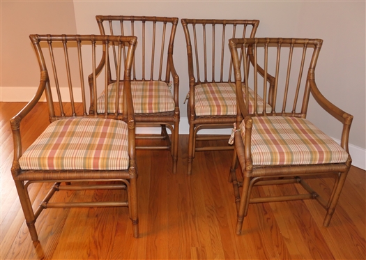 Set of 4 Nice Wicker Rattan Dining Chairs with Arms (Captain''s Chairs) Rattan Frame - Wicker Seat with Nice Clean Plaid Removable Cushion - Chairs Are 37 Tall 20 By 18 