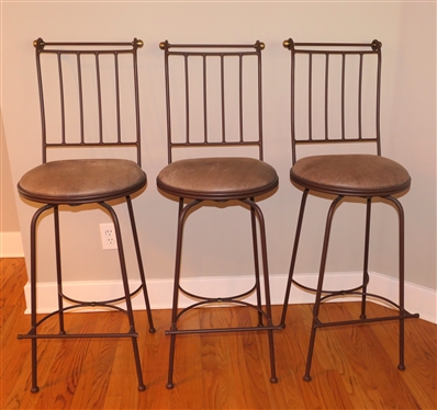 3 - Charleston Forge - Boone, NC Swivel Bar Stools - Bronze Finished Metal Frames with Leather Seats - High Backs - Swivel Seats - Very Heavy Well Made Stools - Measures 30 To Seat 