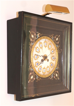 Valladolid - French Clock Dial Converted to Quartz Wall Clock in  Lighted Shadowbox Frame - Fancy Dial - Porcelain Roman Numerals with Gold Ormolu - Shadowbox Case Measures - 17 By 17 - Attached...