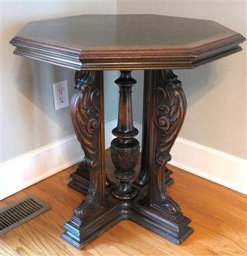 Nice Fancy Mahogany Pedestal Base Table - Column  Center Pedestal Flanked by Heavily Carved Legs - Octagon Shaped Top with Burl Veneer - Inlaid Octagon Center - Table is 28 1/2" Tall 28" Across