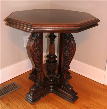 Nice Fancy Mahogany Pedestal Base Table - Column  Center Pedestal Flanked by Heavily Carved Legs - Octagon Shaped Top with Burl Veneer - Inlaid Octagon Center - Table is 28 1/2 Tall 28 Across
