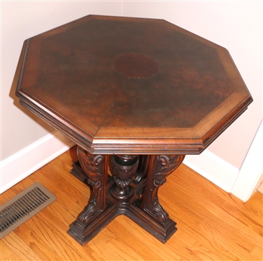 Nice Fancy Mahogany Pedestal Base Table - Column  Center Pedestal Flanked by Heavily Carved Legs - Octagon Shaped Top with Burl Veneer - Inlaid Octagon Center - Table is 28 1/2 Tall 28 Across