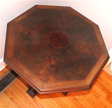 Nice Fancy Mahogany Pedestal Base Table - Column  Center Pedestal Flanked by Heavily Carved Legs - Octagon Shaped Top with Burl Veneer - Inlaid Octagon Center - Table is 28 1/2 Tall 28 Across