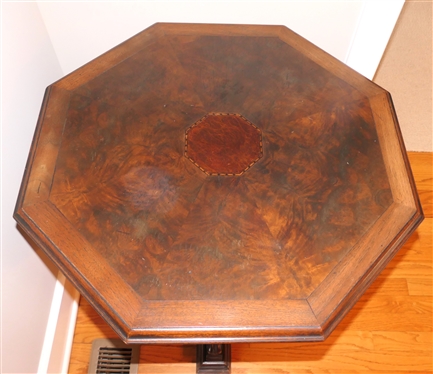 Nice Fancy Mahogany Pedestal Base Table - Column  Center Pedestal Flanked by Heavily Carved Legs - Octagon Shaped Top with Burl Veneer - Inlaid Octagon Center - Table is 28 1/2 Tall 28 Across