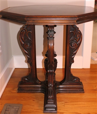 Nice Fancy Mahogany Pedestal Base Table - Column  Center Pedestal Flanked by Heavily Carved Legs - Octagon Shaped Top with Burl Veneer - Inlaid Octagon Center - Table is 28 1/2 Tall 28 Across