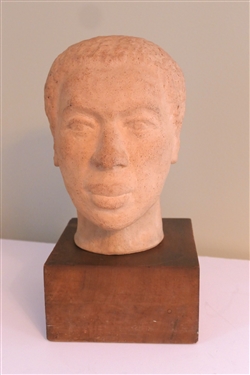 Art Pottery Bust Statue - Heavy Pottery Statue on Wood Base - Sculpture Measures 10" Tall with Base 14"