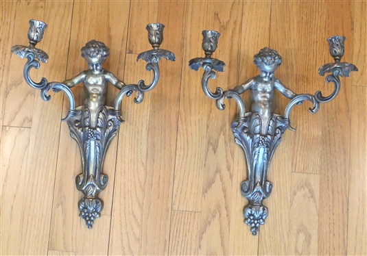 Pair of Cast Metal Cherub 2 Light Candle Wall Sconces - Antiqued Gold Finish - Each Sconce Measures Approx, 15" Long 10" Across