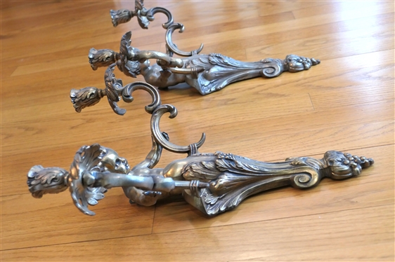 Pair of Cast Metal Cherub 2 Light Candle Wall Sconces - Antiqued Gold Finish - Each Sconce Measures Approx, 15 Long 10 Across