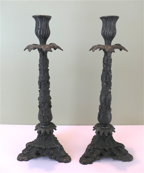 Fancy Cast Metal Candle Sticks - Baroque Design - Dark Blackish Bronze Finish- Each Candle Stick Measures 15" Tall 