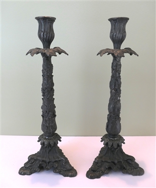 Fancy Cast Metal Candle Sticks - Baroque Design - Dark Blackish Bronze Finish- Each Candle Stick Measures 15" Tall 