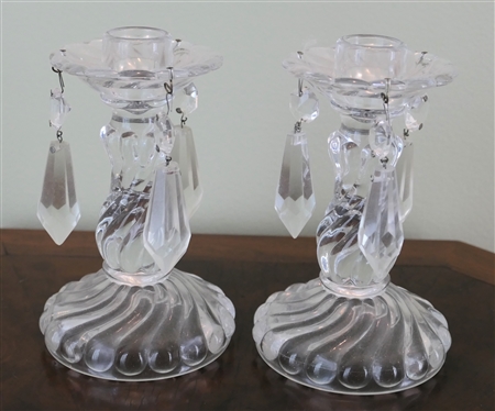Pair of "Colony" by Fostoria 5 1/4" Candle Sticks with Crystal Prisms