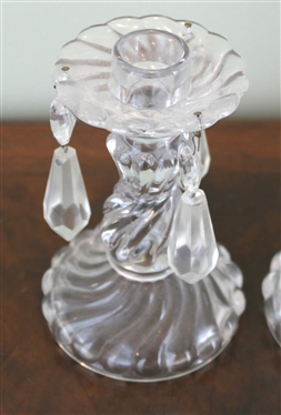 Pair of Colony by Fostoria 5 1/4 Candle Sticks with Crystal Prisms