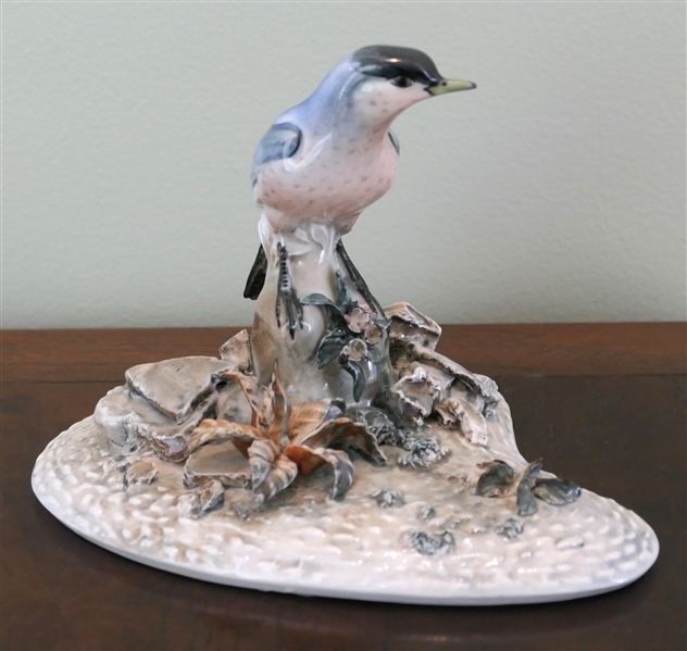 Pretty Porcelain Blue Bird Statue - Hand Painted Blue Bird with Flowers on Base - Figure Measures 5" Tall 7" Across