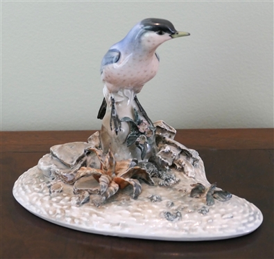 Pretty Porcelain Blue Bird Statue - Hand Painted Blue Bird with Flowers on Base - Figure Measures 5" Tall 7" Across