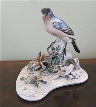 Pretty Porcelain Blue Bird Statue - Hand Painted Blue Bird with Flowers on Base - Figure Measures 5 Tall 7 Across