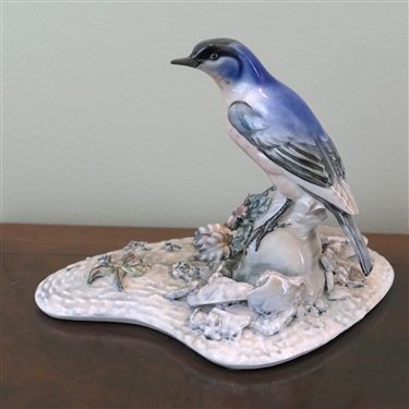 Pretty Porcelain Blue Bird Statue - Hand Painted Blue Bird with Flowers on Base - Figure Measures 5 Tall 7 Across
