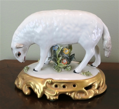 Italian Porcelain Lamb Statue - A Mottahedeh Design - Beautiful Porcelain Flowers on Base -  Original Label on Bottom- Made in Italy - Figure Measures 5 1/2" Tall 6 1/2" Nose to Tail 