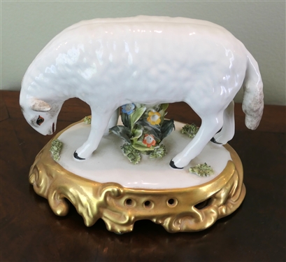Italian Porcelain Lamb Statue - A Mottahedeh Design - Beautiful Porcelain Flowers on Base -  Original Label on Bottom- Made in Italy - Figure Measures 5 1/2 Tall 6 1/2 Nose to Tail 
