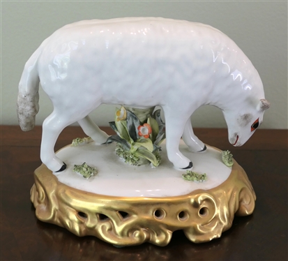 Italian Porcelain Lamb Statue - A Mottahedeh Design - Beautiful Porcelain Flowers on Base -  Original Label on Bottom- Made in Italy - Figure Measures 5 1/2 Tall 6 1/2 Nose to Tail 
