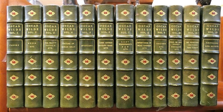 12 Beautiful Leather Bound Volumes of Oscar Wilde "Patrons Edition Deluxe" - Beautiful Green Leather Spines and Corners with Marbleized End Pages and Cover - 1923 Edition Printed in the United...