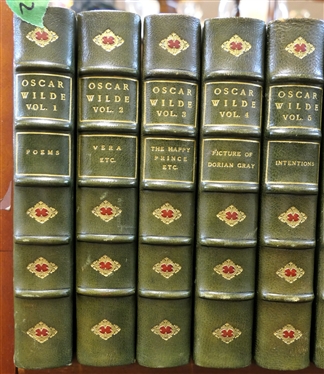 12 Beautiful Leather Bound Volumes of Oscar Wilde Patrons Edition Deluxe - Beautiful Green Leather Spines and Corners with Marbleized End Pages and Cover - 1923 Edition Printed in the United...