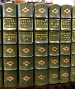 12 Beautiful Leather Bound Volumes of Oscar Wilde Patrons Edition Deluxe - Beautiful Green Leather Spines and Corners with Marbleized End Pages and Cover - 1923 Edition Printed in the United...