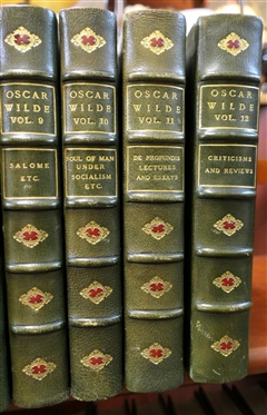 12 Beautiful Leather Bound Volumes of Oscar Wilde Patrons Edition Deluxe - Beautiful Green Leather Spines and Corners with Marbleized End Pages and Cover - 1923 Edition Printed in the United...