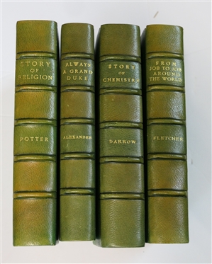 4 Green Leather Bound Books with Green Covers - From Job to Job Around the World by Alfred C.B. Fletcher - Dodd, Mead, and Company 1919, The Story of Chemistry by Floyd L. Darrow - Blue Ribbon...