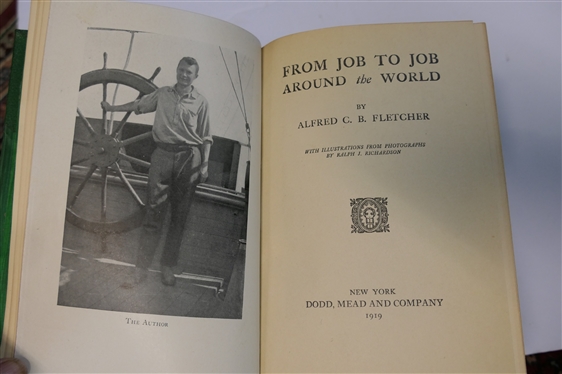 4 Green Leather Bound Books with Green Covers - From Job to Job Around the World by Alfred C.B. Fletcher - Dodd, Mead, and Company 1919, The Story of Chemistry by Floyd L. Darrow - Blue Ribbon...