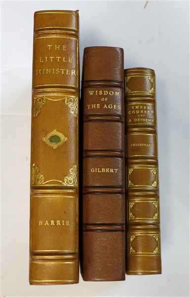 3 Leather Bound Books - "Three Courses and A Dessert" by Cruikshank with Fun Illustrations - 1881 - London : George Bell & Sons, Wisdom of the Ages" by Gilbert - Garden City Publishing Company,...