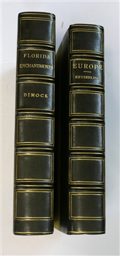 2 Hunter Green Leather Bound Books with Bright Green Covers - Europe by Count Hermann Keyserling - Harcourt, Brace, & Company and Florida Enchantments by A.W. Dimock - Federick A. Stokes...