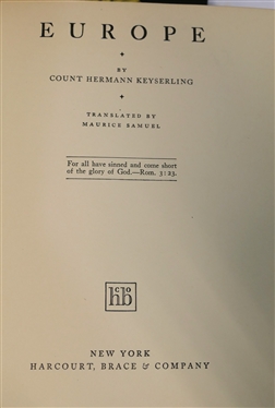 2 Hunter Green Leather Bound Books with Bright Green Covers - Europe by Count Hermann Keyserling - Harcourt, Brace, & Company and Florida Enchantments by A.W. Dimock - Federick A. Stokes...