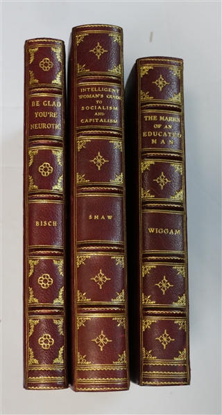 3 Burgundy Leather Bound Books with Marbleized Covers and End Pages - "The Marks of an Educated Man" by Albert Edward Wiggam, D.Sc. - Indianapolis Bobbs- Merrill Company, "The Intelligent Womans...