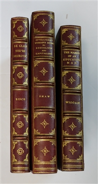 3 Burgundy Leather Bound Books with Marbleized Covers and End Pages - "The Marks of an Educated Man" by Albert Edward Wiggam, D.Sc. - Indianapolis Bobbs- Merrill Company, "The Intelligent Womans...