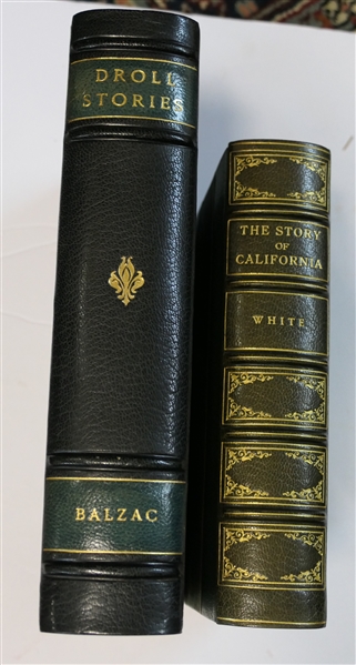 2 Leather Bound Books - "The Story of California" by Steward Edward White - 1937 - The Sun Dial Press, New York - Green Leather Bound with Green Striped Cover and End Pages and "Droll Stories" by...